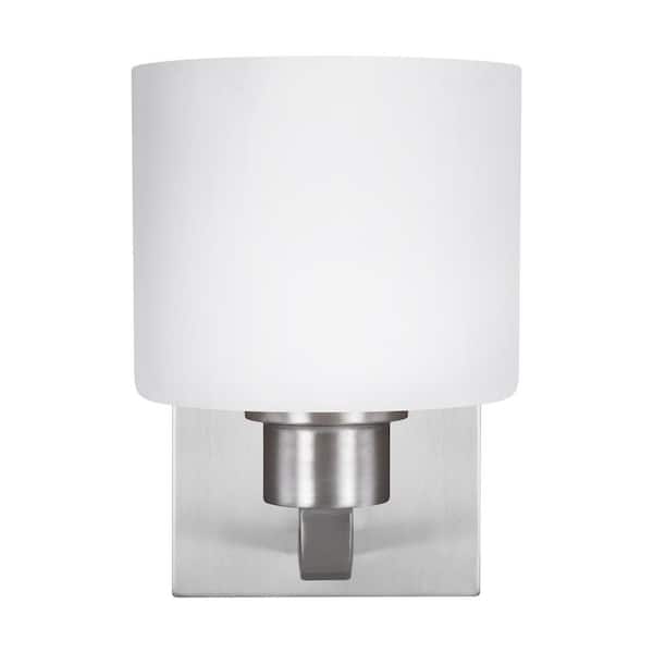 Canfield 5.5 in. 1-Light Brushed Nickel Minimalist Modern Wall Sconce Bathroom Vanity Light with Etched White Glass