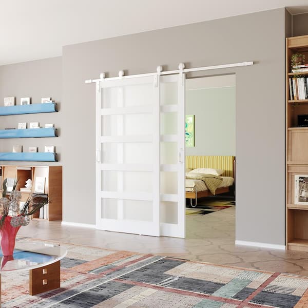 72 in. x 84 in. Frosted Glass, Double 5 Lites, White, MDF, Brushed Nickel Bypass Sliding Barn Door with Hardware Kit