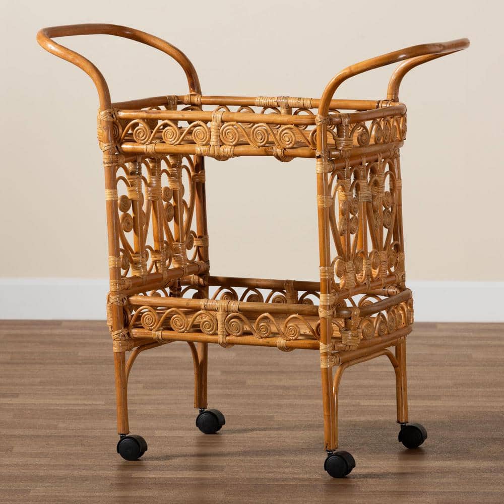 Natural Brown Rattan Round Kitchen Cart with Storage