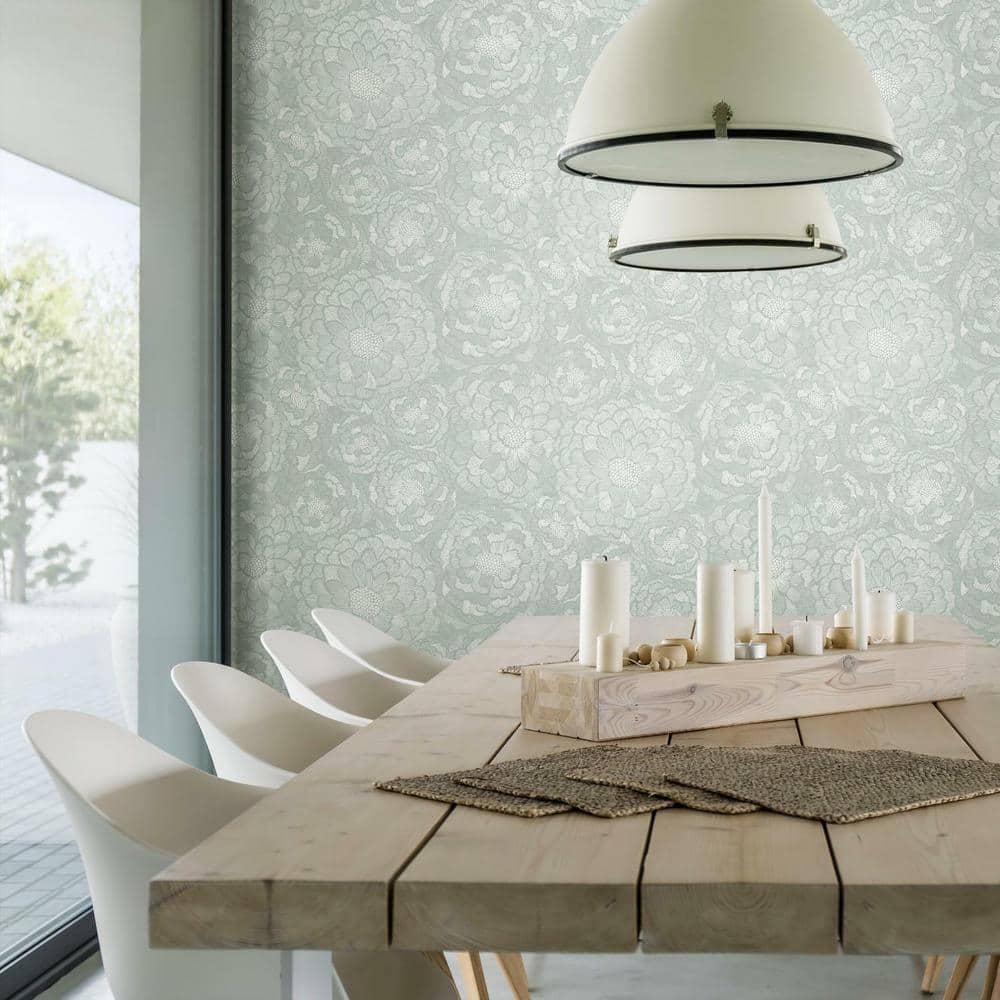 Green and Taupe Vinyl Floral Peel and Stick Wallpaper Roll