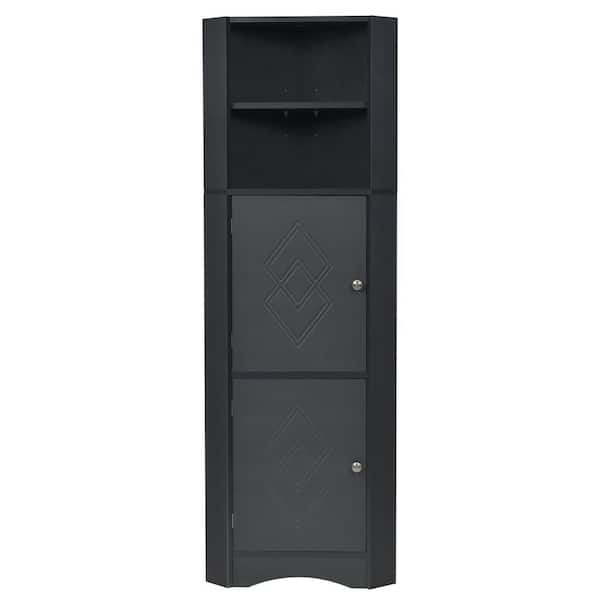 Bnuina 14.96 in. W x 14.96 in. D x 61.02 in. H Black Freestanding Corner Linen Cabinet with 2 Cabinet and 4 Shelfs in Black