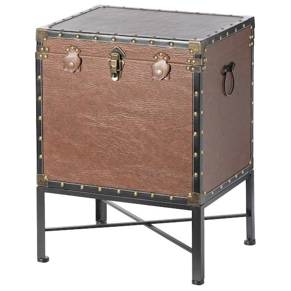 Unbranded Brown Trimmed Faux Leather Lockable Square Lined Storage Trunk, End Table on Metal Stand