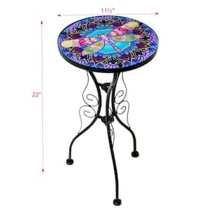 22 in. Dragonfly Design Glass and Metal Outdoor Side Table
