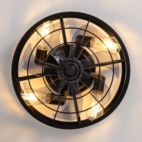 16 in. Indoor Industrial Black Round Caged Low Profile Ceiling Fans with No Bulb Included with Remote Included