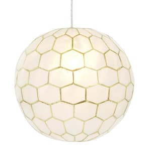 Simone 60-Watt 1 Light Gold Globe Pendant 14 in. Light with Capiz Shade