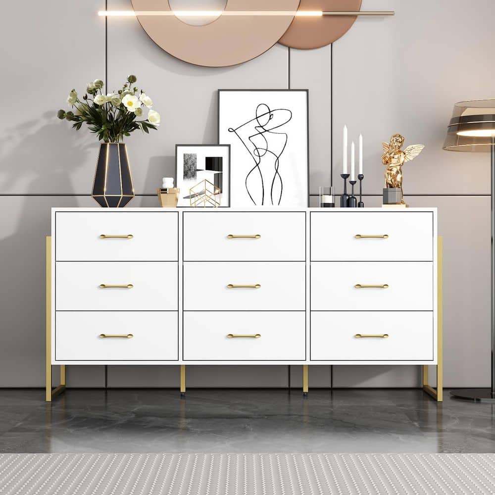 Homsee White and Golden 9-Drawers Wooden Dresser without Mirror - White Homsee White and Golden 9-Drawers Wooden Dresser without Mirror - White