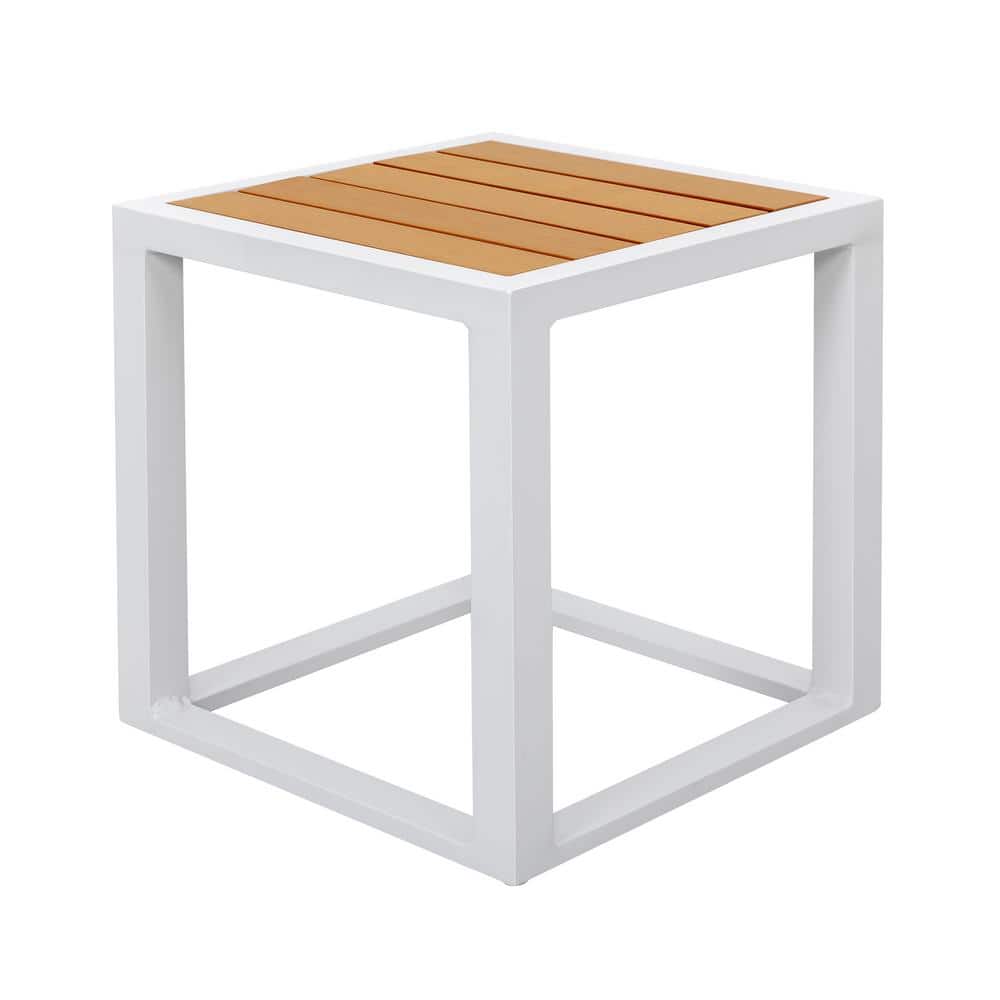18 in. White Square Powder-Coated Aluminum Outdoor Side Table with Slatted 