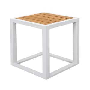 18 in. White Square Powder-Coated Aluminum Outdoor Side Table with Slatted Imitation Wood Tabletop