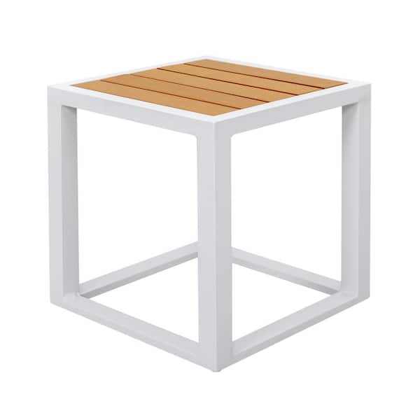 Unbranded 18 in. White Square Powder-Coated Aluminum Outdoor Side Table with Slatted Imitation Wood Tabletop