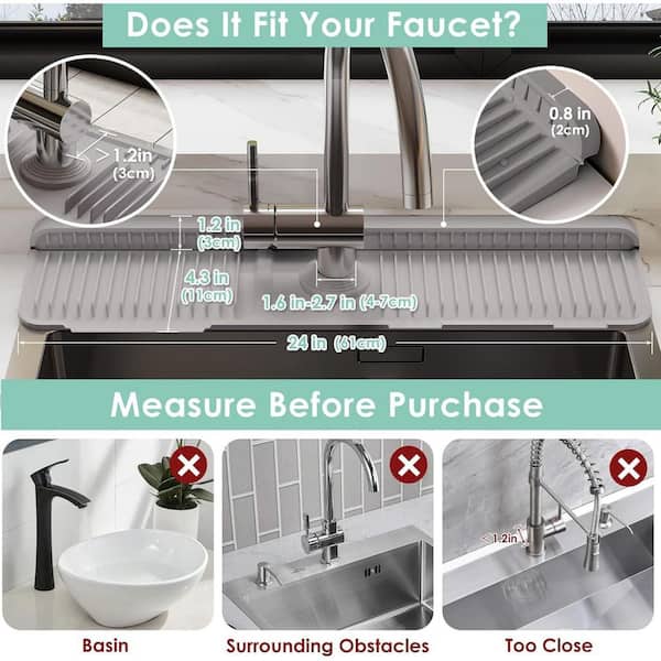 0.8 in. H x 24 in. W x 5.5 in. D Gray Silicone Faucet Mat, Splash Guard, 7° Slope Water Draining Mat with Fasten Button