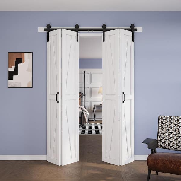 50 in. x 84 in. Assembled Bi-Fold K Shape White Primed DIY Available Solid Core MDF Sliding Barn Door with Hardware Kit