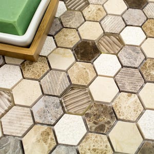 Drumlin Win Drift Hexagon 11.25 in. x 10.87 in. Honed Marble and Glass Mosaic Tile