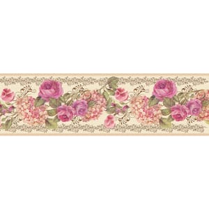 Falkirk Dandy Pink, Cream Roses, Scrolls, Hydrangea Floral Peel and Stick Wallpaper Border