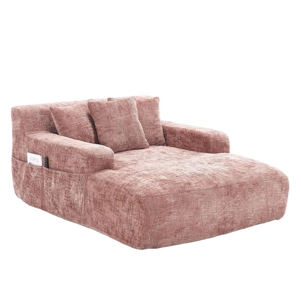 Modern Pink Chenille Upholstery Oversized Chaise Lounge Chair Full Foam Comfy Lazy Sofa Couch with 3 Throw Pillows