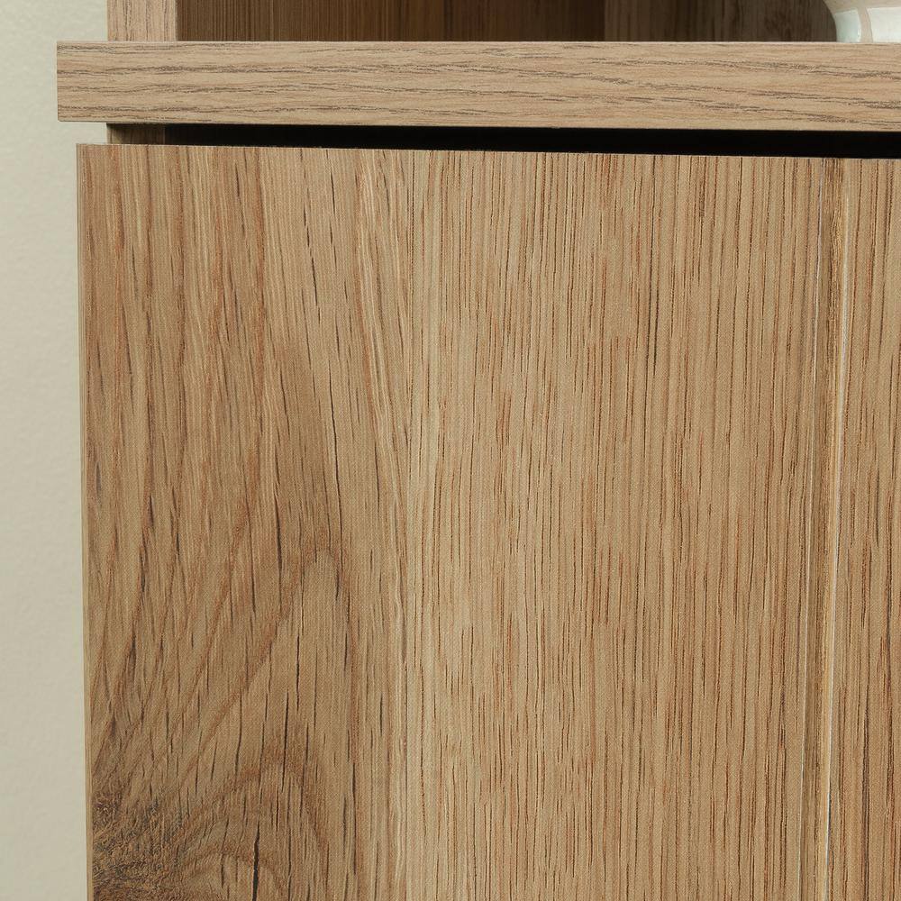 Timber Oak Storage Cabinet with Adjustable Shelving and Black Hardware