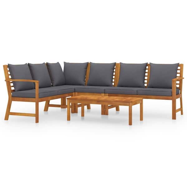 Tunearary Brown 5-Piece Patio Furniture Set Solid Acacia Wood Outdoor Sectional Seat with Gary Cushion