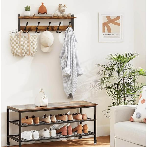 Rustic Brown Wood Wall Mount Coat Rack with Shelf and 5 Tri Hooks