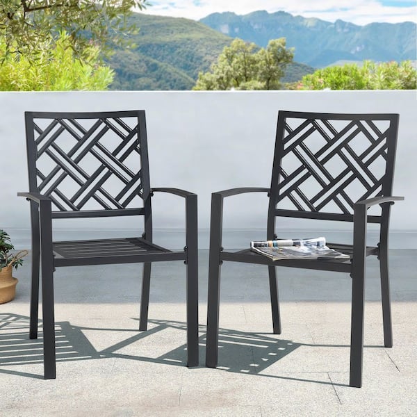Black Iron Outdoor Dining Chairs with Slatted Seat and Stackable Design (2-Pack)