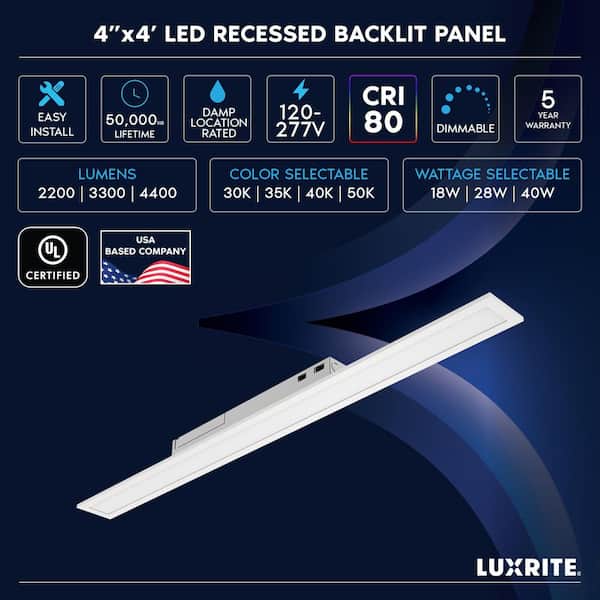 40-Watt 4 ft.x4 in.Integrated LED Recessed Backlit LED Panel Light,4CCT,Up to 4400LM Dimmable 120-277V UL Listed 2-Pack
