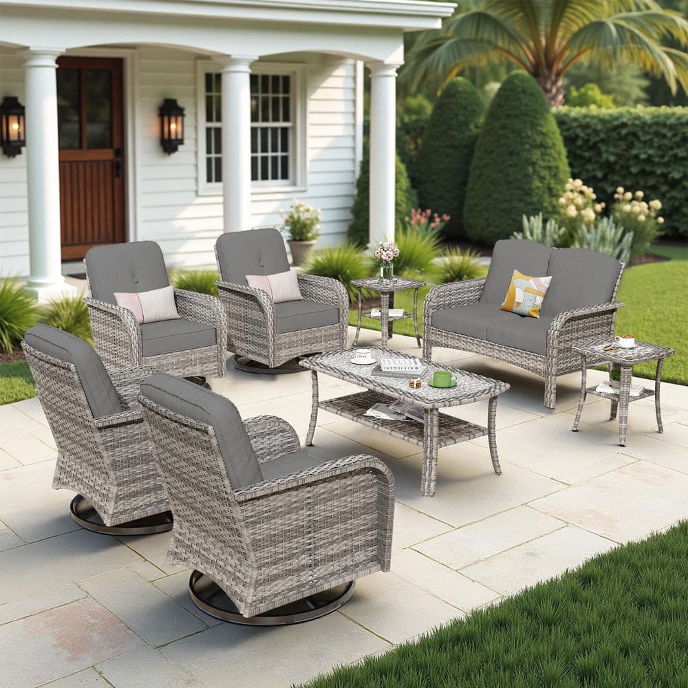 Meis Gray 8-Piece Wicker Patio Conversation Set with Dark Gray Cushions and Swivel Chairs price history on PriceWatchPro