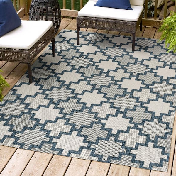 JONATHAN Y Cyrus Modern Geometric Tile Pattern Navy/Cream 3 ft. x 5 ft. Indoor/Outdoor Area Rug
