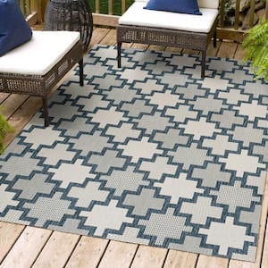 Cyrus Modern Geometric Tile Pattern Navy/Cream 5 ft. x 8 ft. Indoor/Outdoor Area Rug