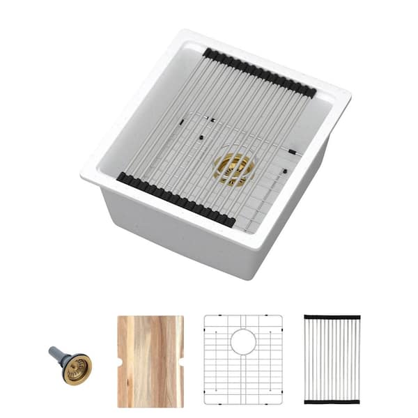 17 in. Undermount Single Bowl Workstation White Quartz Composite Kitchen Sink Round Corner with Bottom Grid.