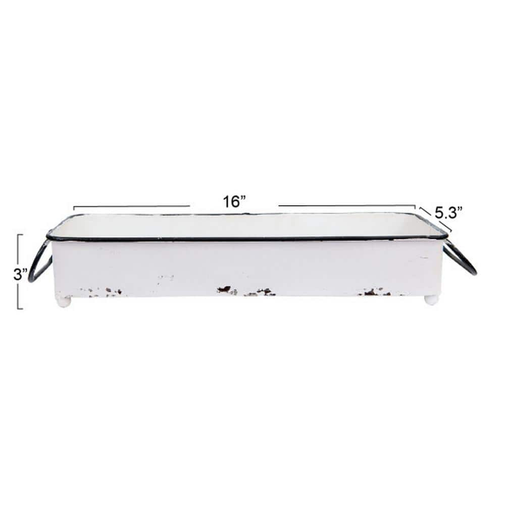 Distressed White Metal Rectangular Tray with Handles