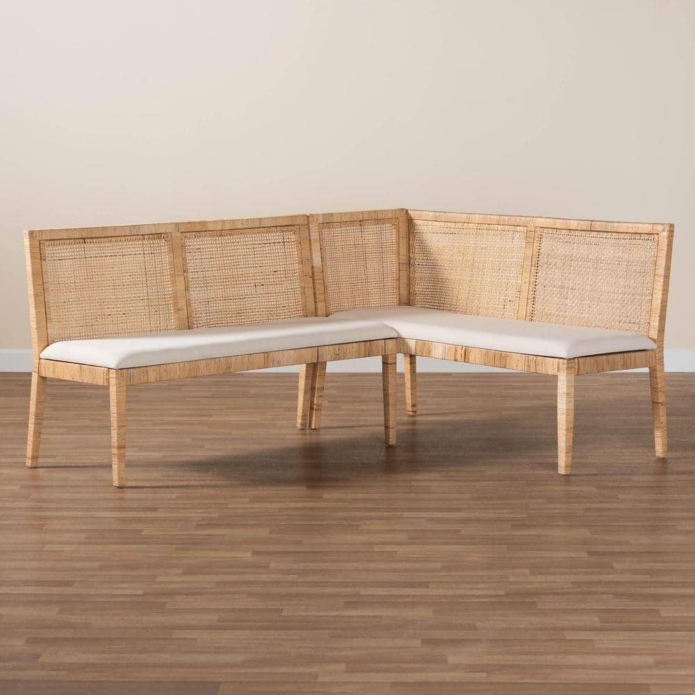 Kalimantan Light Honey Rattan 2-Piece Banquette Set with White Cushions