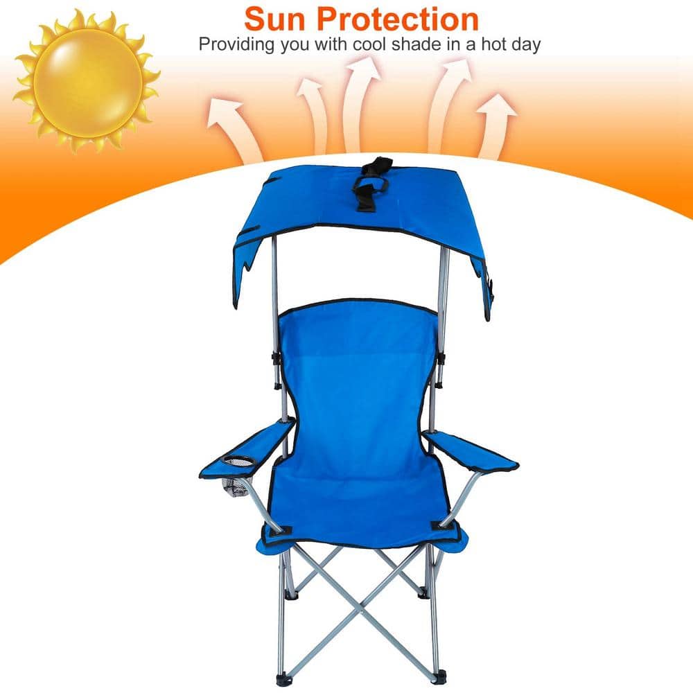 Blue Folding Steel Beach Chair with Adjustable Canopy