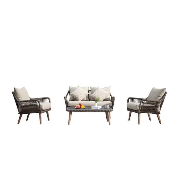Boyel Living 4-Piece Wicker Aluminum Frame Patio Conversation Set with Khaki Cushions