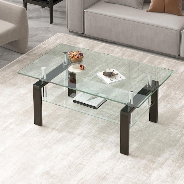 39.37 in. Black Rectangle Clear Glass Coffee Table with Dual-Tier Storage & Metal Frame
