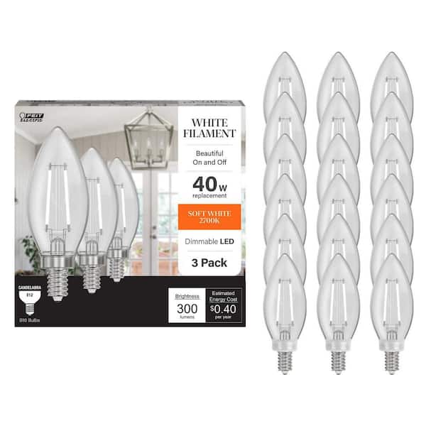 40-Watt Equivalent B10 E12 Candelabra Dim White Filament Clear Glass Chandelier LED Light Bulb Soft White 2700K 18-Pack