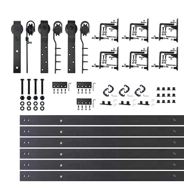 HOMACER 9 ft./108 in. Black Rustic Inverted Bent Triple Track Bypass Sliding Barn Door Track and Hardware Kit for Triple Doors