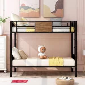 Twin-Over-Twin Black Bunk Bed Modern Style Steel Frame Bunk Bed with Safety Rail Built-in Ladder
