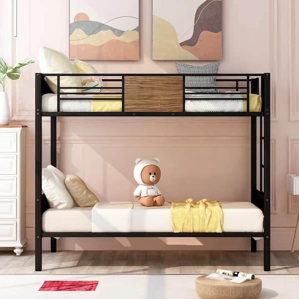 Twin-Over-Twin Black Bunk Bed Modern Style Steel Frame Bunk Bed with Safety Rail Built-in Ladder