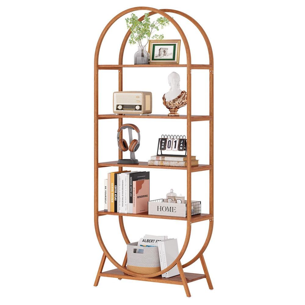 BYBLIGHT Eulas 70.87 in. Tall Brown Wood 5-Shelf Etagere Arched