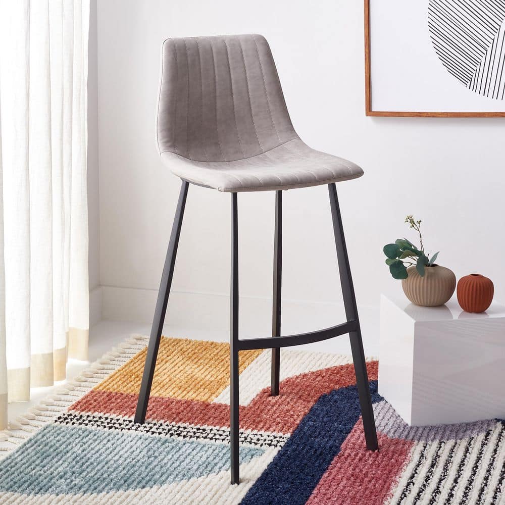 Modern Saddle Style Gray Leather Bar Stool with Metal Base