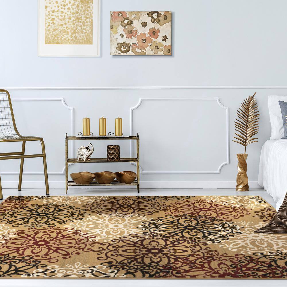 Elegant Gold Floral Medallion 4' x 6' Polypropylene Area Rug