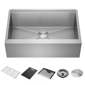 Rivet 16- Gauge Stainless Steel 33 in. Single Bowl Undermount Farmhouse Apron Workstation Kitchen Sink with Accessories