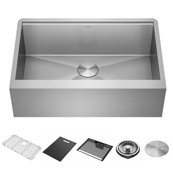 Delta Rivet 16- Gauge Stainless Steel 33 in. Single Bowl Undermount Farmhouse Apron Workstation Kitchen Sink with Accessories
