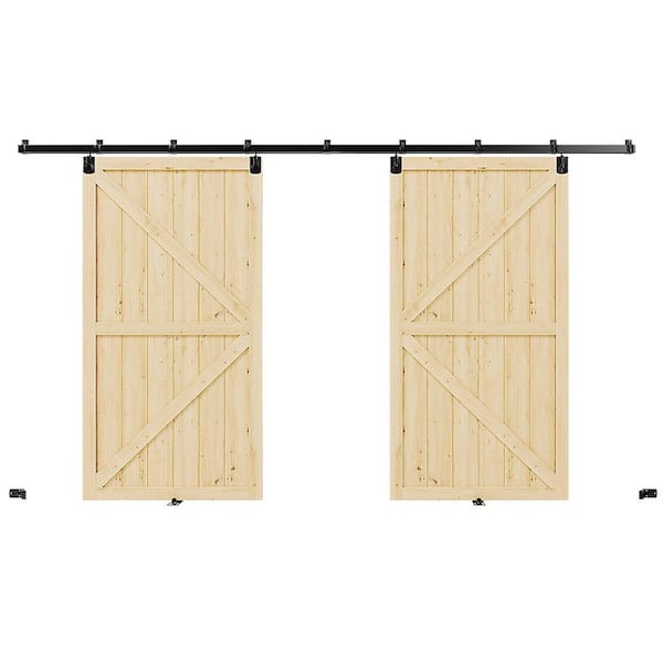 96 in. x 80 in. K-Shaped, Solid Pine Wood, Light Brown Primed Exterior Sliding Barn Door with Hardware Kit