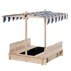 3.5 ft. W x 3.5 ft. L Wood Square Sandbox with Cover, Foldable Bench Seats, Adjustable Canopy, Natural