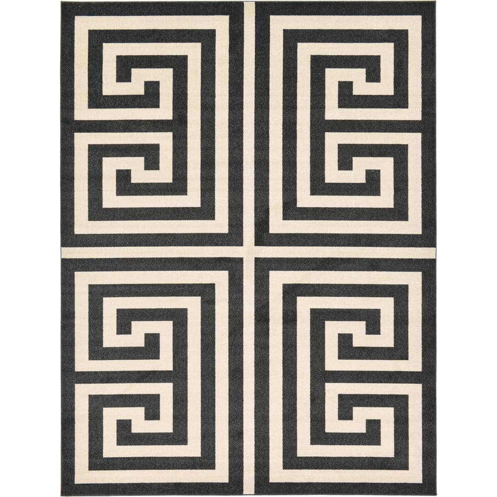 Black/Beige Unique Loom Athens Collection Classic Geometric Modern Border Design Area Rug 9 x 12 ft