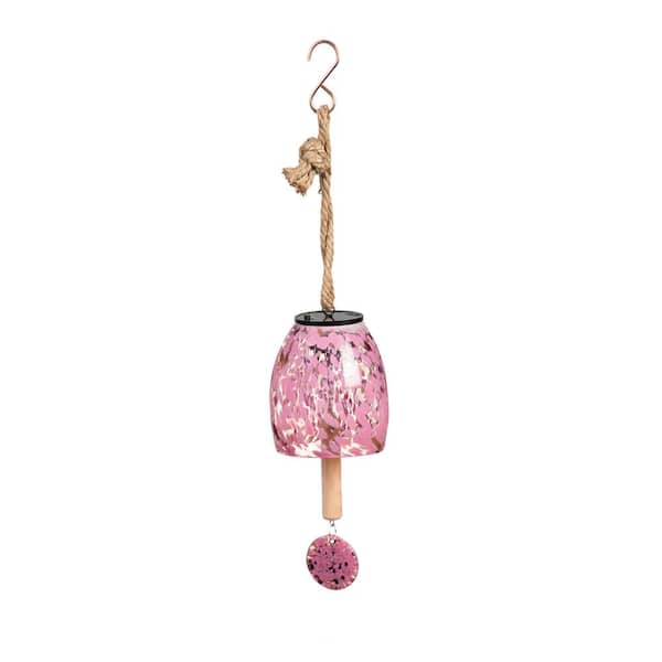 Evergreen 6 in. Solar Artisan Pink Speckled Glass Garden Bell Chime