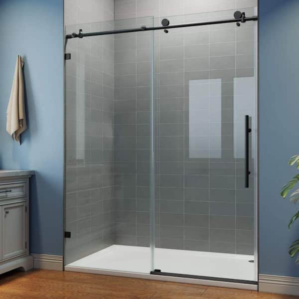 TOOLKISS 56 in. - 60 in. W x 74 in. H Sliding Frameless Shower Door in Matte Black with Clear Glass