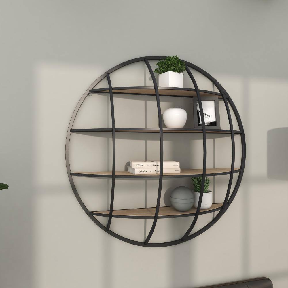 Rustic Iron and Wood 36" Geometric Round Floating Wall Shelf