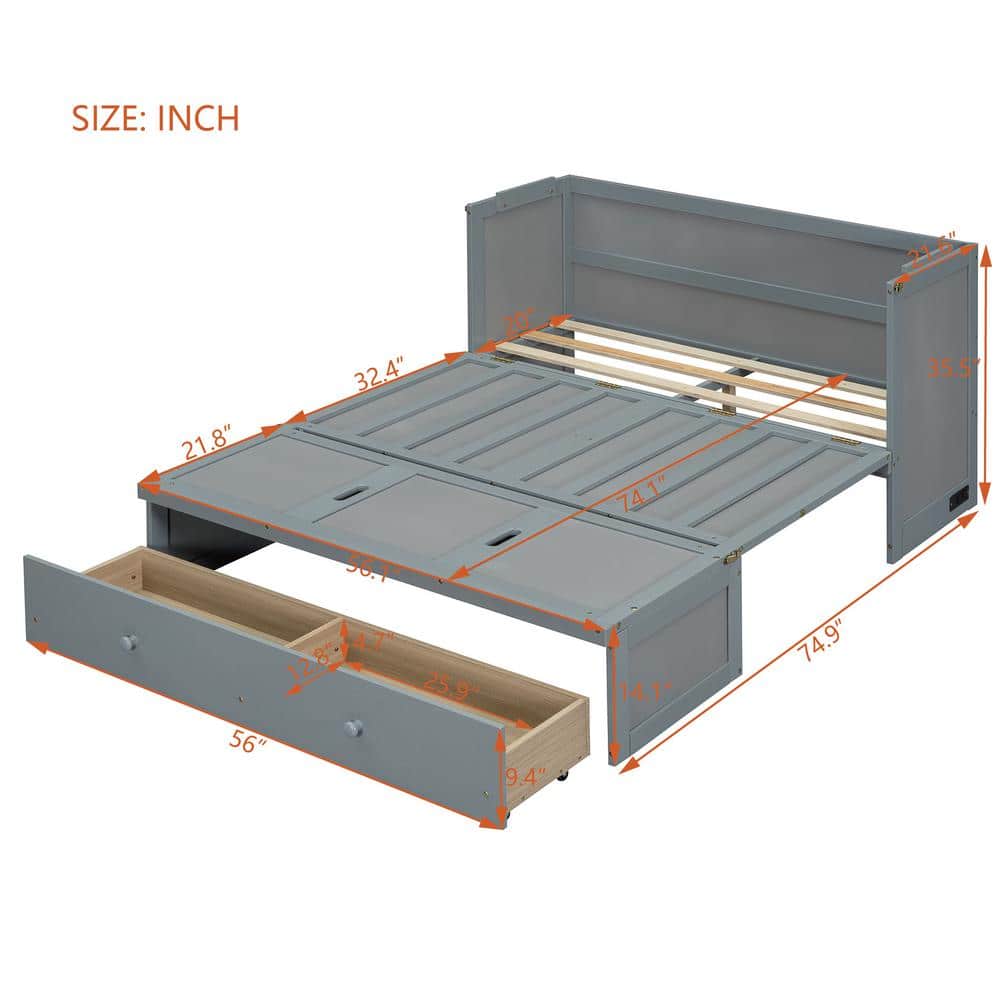 Gray Pine Full Size Murphy Bed with Large Drawer and USB Ports