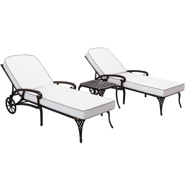 DESwan Messer Bronze 3-Piece Aluminum Outdoor Chaise Lounge with White Cushions and Table