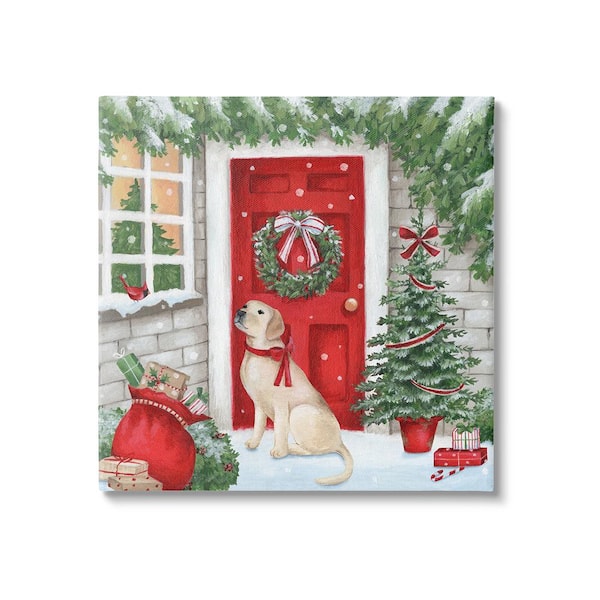 Dog and Winter Holiday Doorway by Emma Leach 1-Piece Unframed Graphic Print Animal Poster Art Print 36 in. x 36 in.